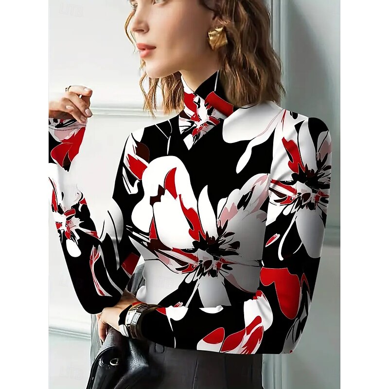 Women's T Shirt Floral Graphic Elegant Vintage Stylish Long Sleeve Turtleneck High Neck Asymmetric Neck Regular Tops Daily Print Tiered Red Green Spring Fall Winter2