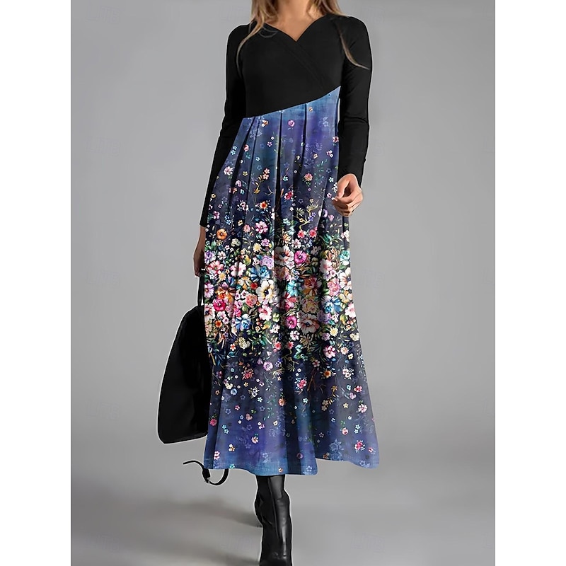 Women's Maxi Dress A Line Dress Casual Daily Regular Fit Graphic Color Block Long Sleeve V Neck Red Blue Purple Spring Fall Winter2