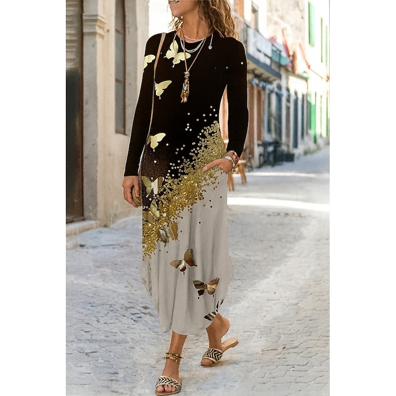 Women's Midi Dress Sheath Dress T Shirt Dress Tee Dress Vacation Casual Daily Regular Fit Floral Graphic Long Sleeve Crew Neck Yellow Pink Blue Gray Spring Fall Winter Autumn2