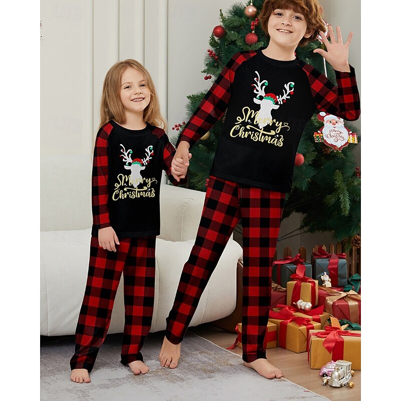 Family Pajamas Plaid Christmas Pattern Home Print Black Long Sleeve Active Matching Outfits2