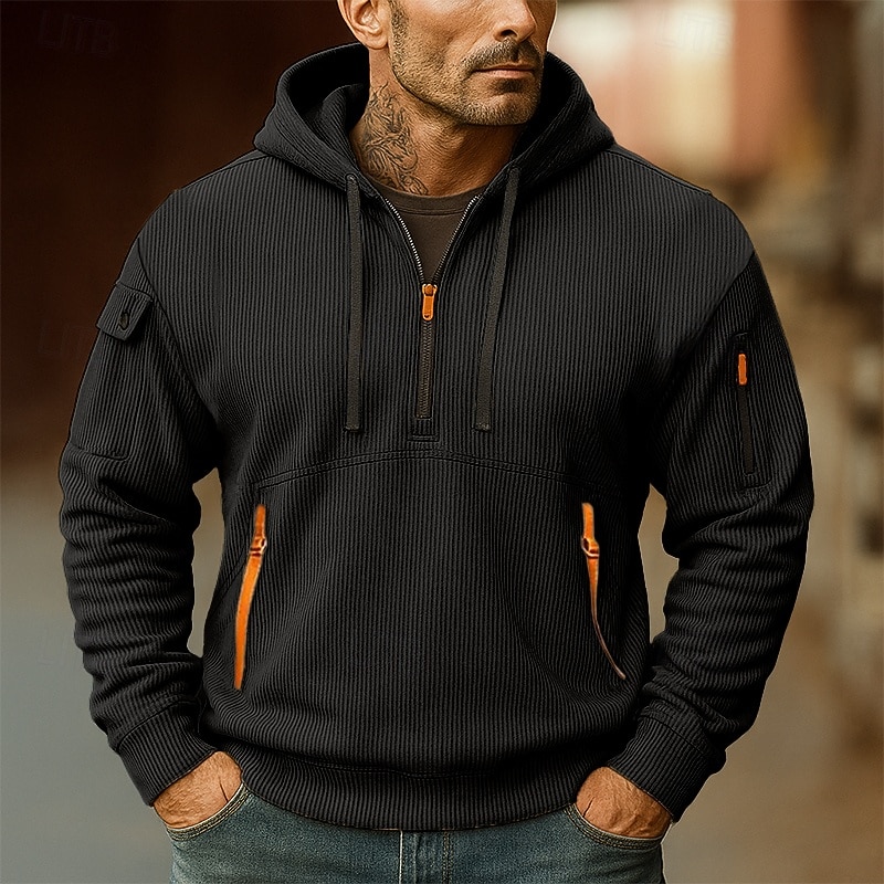 Men's Hoodie Corduroy Quarter Zip Hoodie Fleece Hoodie Tactical Hoodie Black White Red Blue Khaki Hooded Plain Zipper Sports & Outdoor Casual Daily Streetwear Cool Sportswear Spring &  Fall Clothing3