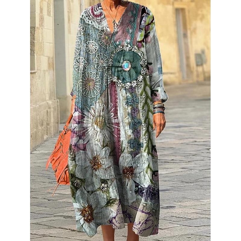 Women's Midi Dress Sundress A Line Dress Vacation Casual Boho Going out Beach Loose Fit Graphic Geometric Long Sleeve V Neck Red Purple Green Spring Fall Winter Autumn