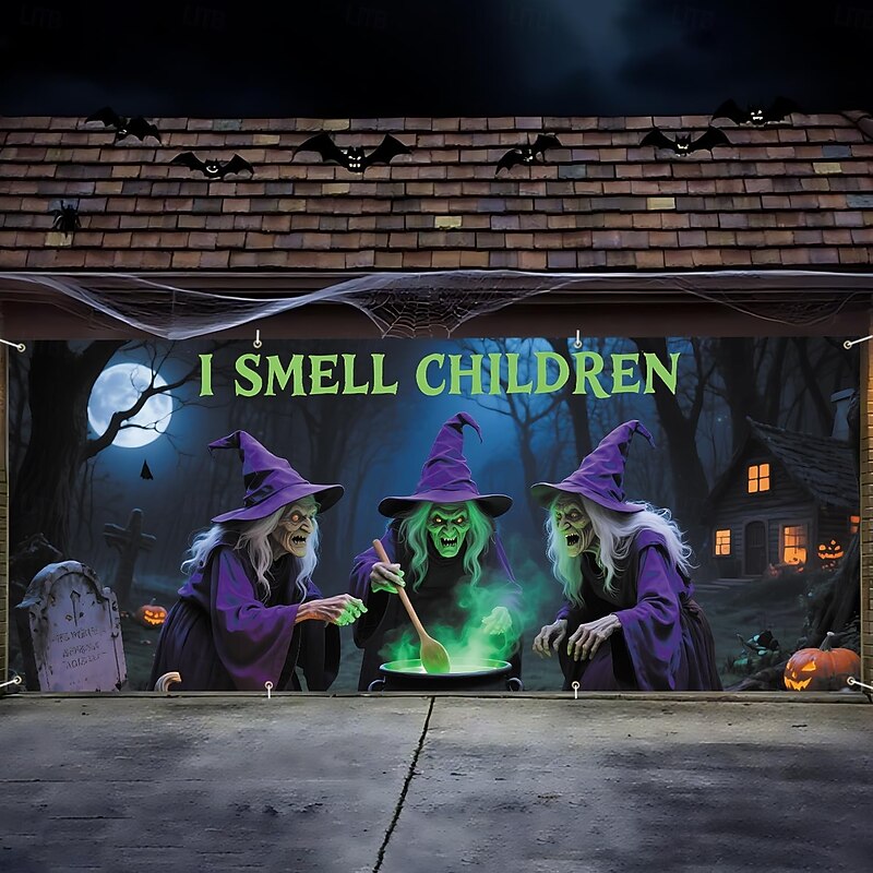 Halloween Garage Door Cover Large Hanging Backdrop Witch Dark Punk Gothic Style Party Outdoor Shooting Backgrounds Yard Haunted House Home Decor4