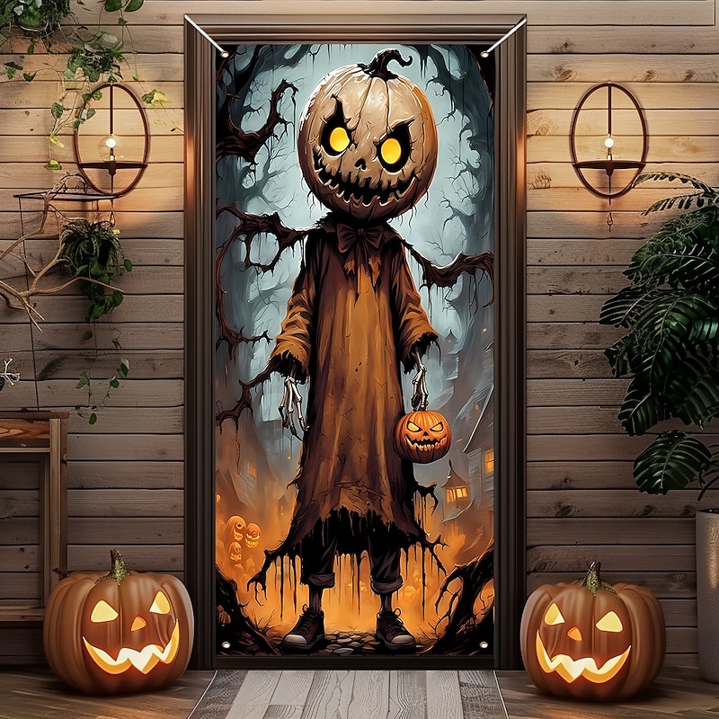 Halloween Door Cover Outdoor Banners Pumpkin Scarecrow 3D Dark Punk Gothic Style Party Outdoor Shooting Backgrounds Front Door Wall Porch Home Decor