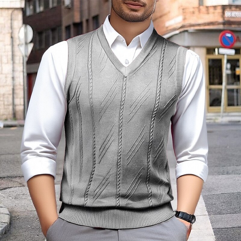 Men's Sweater Vest Dress Sweater Pullover Sweater Jumper Vest Knit Sweater Ribbed Knit Regular Tops Knitted V Neck Daily Wear Date Clothing Apparel Fall Winter Camel Wine S M L4