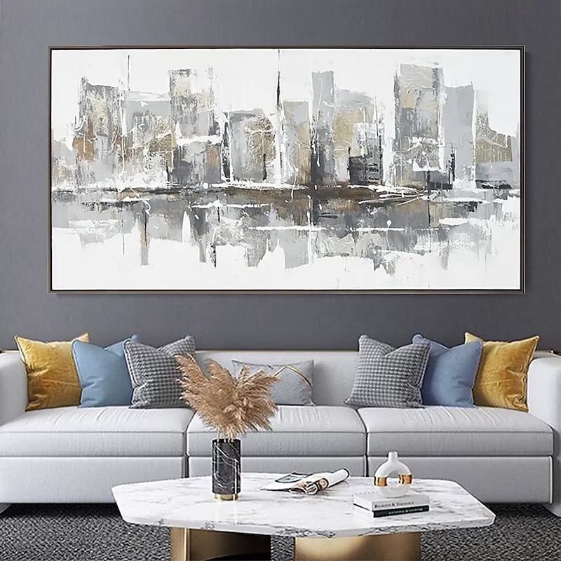 Handmade Oil Painting Canvas Wall Art Decoration Modern Grey Abstract Urban Architectural Landscape for Living Room Home Decor Rolled Frameless Unstretched Painting4