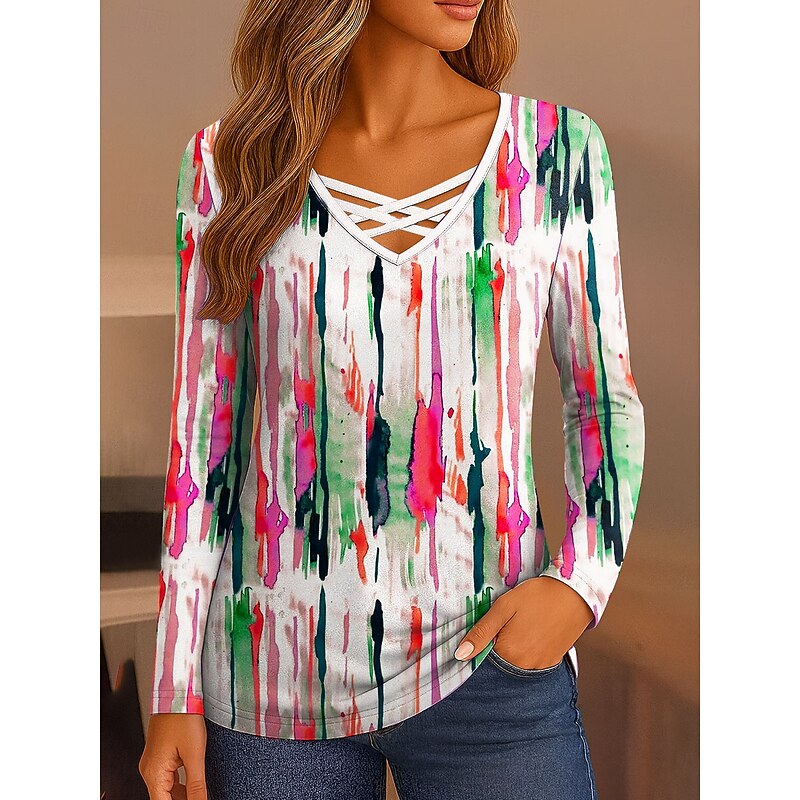 Women's T Shirt Ombre Graphic Vintage Stylish Classic Long Sleeve V Neck Regular Tops Daily Cut Out Print Pink Blue Orange Spring Fall3