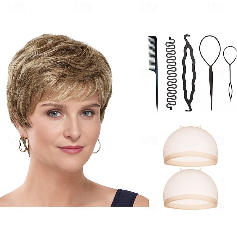 Short Ultra-Chic Pixie Wig with Neat Straight Layers / Multi-tonal Shades of Blonde Silver Brown and Red With 2PCS HD Wig Cap and Hairdressing Tool Set3