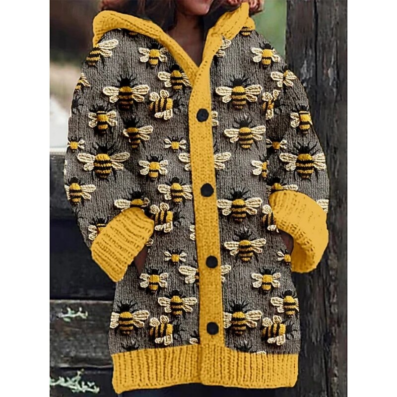 Women's Cardigan Vacation Daily Graphic Animal Ribbed Hooded Knitted Print Front Pocket Long Sleeve Regular Tops Knit Outdoor Daily Holiday Black White Fall Winter4