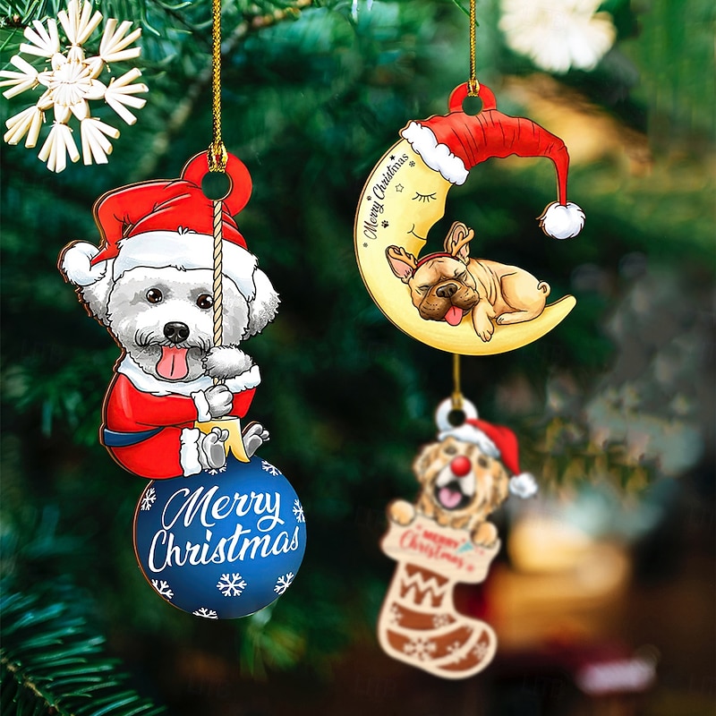 10PCS Christmas Wooden Dog Ornaments, Cute Colorful Printed Puppy Hanging Decorations, Festive Xmas Tree Hanging Tags for Home, Store Window, and Holiday Party Decor
