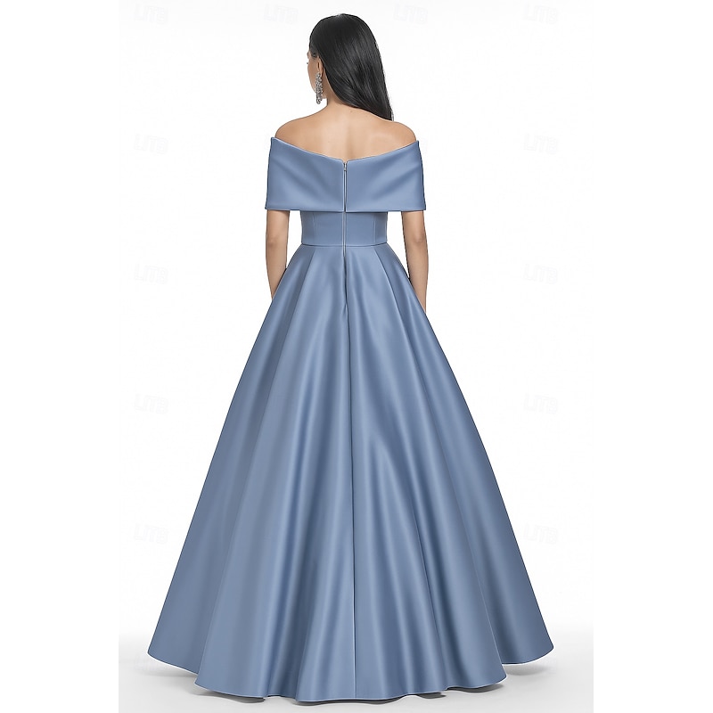 Blue Black A-Line Evening Gown Elegant Dress Formal Wedding Floor Length Short Sleeve Off Shoulder Pocket Satin with Pocket 20252