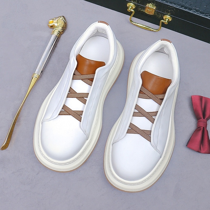 Men's Slip-On Sneakers - Faux Leather Casual Low-Top Shoes with Elastic No-Lace Design, Contrast Brown Accents, and Chunky Sole for Urban Streetwear, Travel, and Fashionable Everyday3