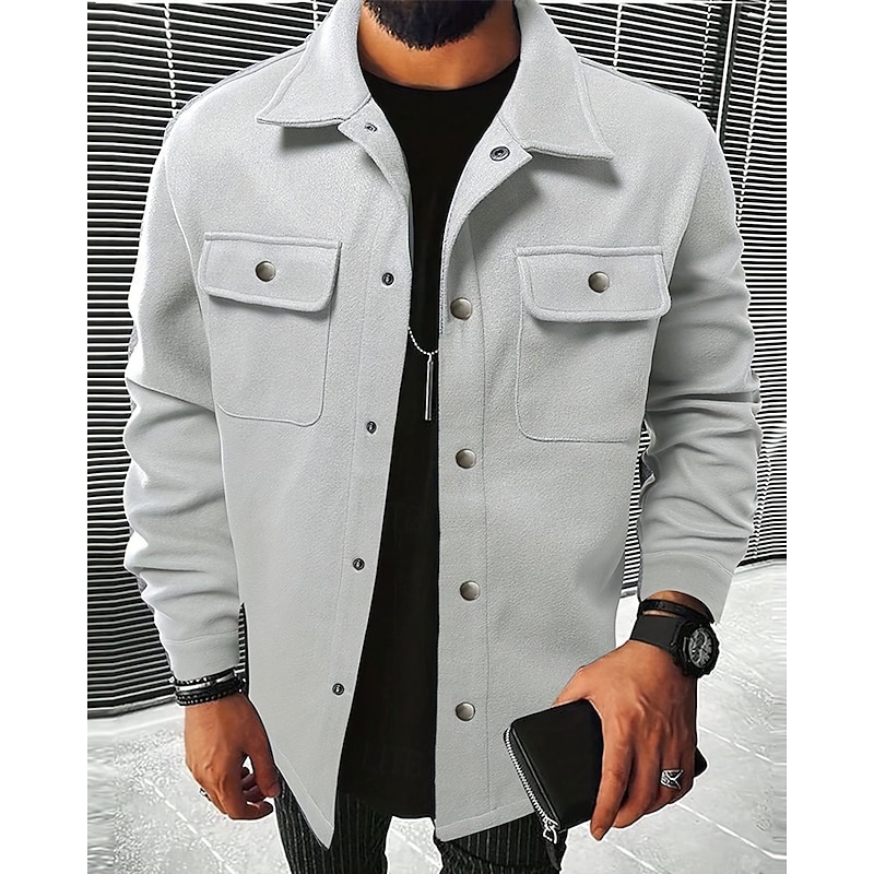 Men's Shirt Jacket Casual Jacket Vacation Daily Breathable Pocket Spring Fall Plain Fashion Classic Lapel Regular Dark Gray Black Navy Blue Khaki Light Grey Jacket