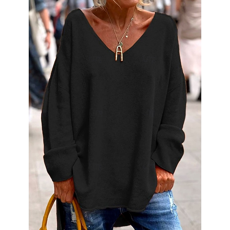 Women's Shirt Solid Color Plain Stylish Casual Beach Long Sleeve V Neck Regular Tops Daily Going out Weekend Black Pink Orange off-white Light Grey Spring Fall Winter3