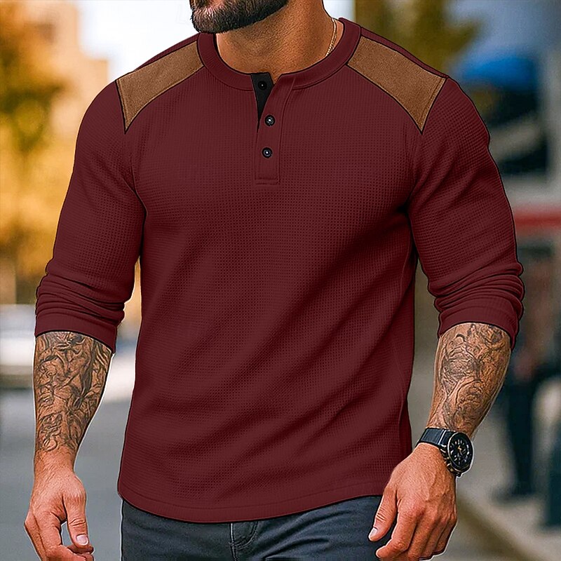 Men's Waffle Henley Shirt Tee Top Long Sleeve Henley Spring &  Fall All Seasons Color Block Fashion Designer Basic Color Block Vacation Street Casual Black White Red Top Tee for Men4
