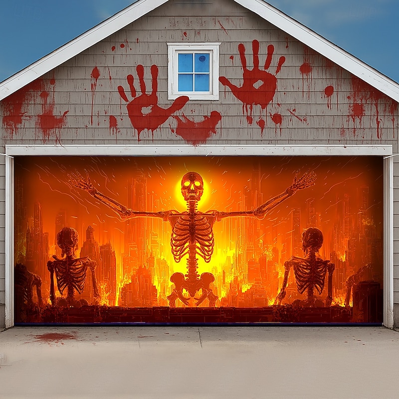 Halloween Tapestry Garage Door Cover Large Hanging Backdrop Skeleton Flame Dark Punk Gothic Style Party Outdoor Shooting Backgrounds Yard Haunted House Home Decor2