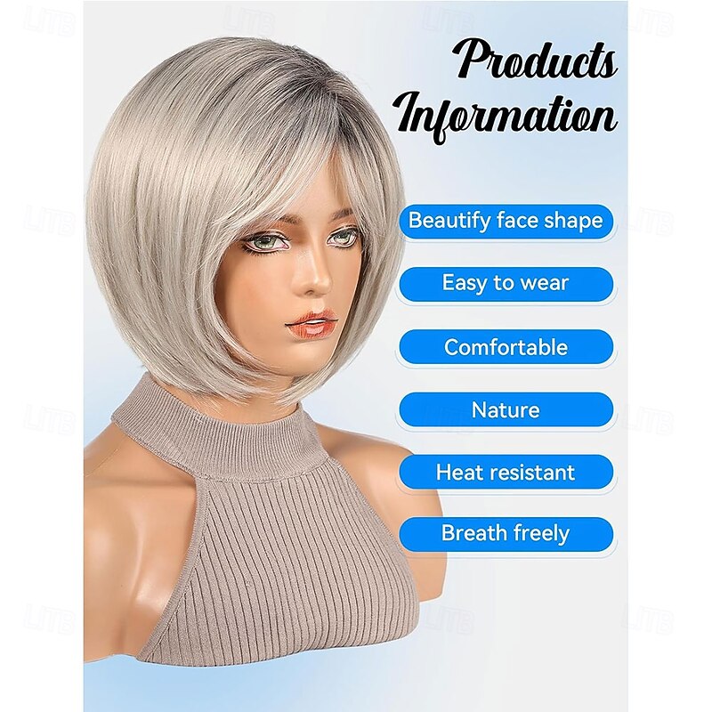 Bob Wigs for Women Synthetic Wig with Fringe Grey Color4
