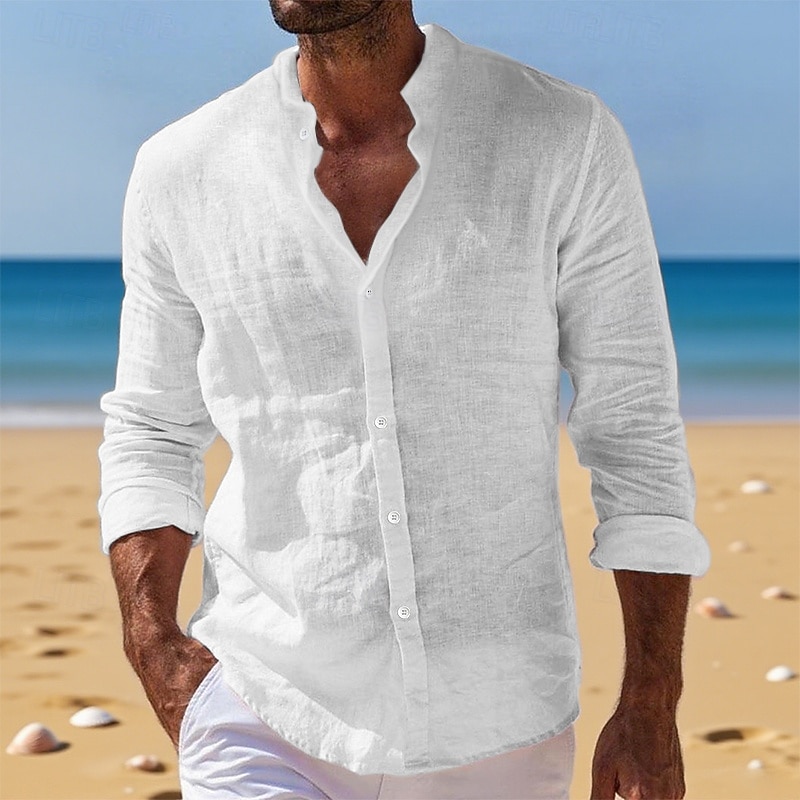 Men's Shirt Linen Shirt Summer Shirt Beach Wear Button Up Shirt Plain Vacation Daily Black White Pink Blue Long Sleeve Band Collar Summer Spring & Summer Clothing Apparel2