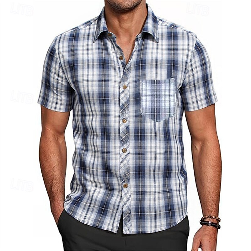 Men's Shirt Summer Shirt Casual Shirt Beach Shirt Button Up Shirt Navy Blue Apricot Short Sleeve Plaid Lapel Vacation Hawaiian Pocket Clothing Apparel Fashion Casual Comfortable3