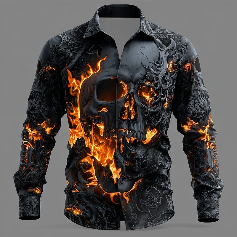 Halloween Men's Skull Flame Halloween Costumes Shirt Button Up Shirt Long Sleeve Dark Punk Gothic Style Outdoor Holiday Summer Spring Turndown 3D Print Collared Shirts Black