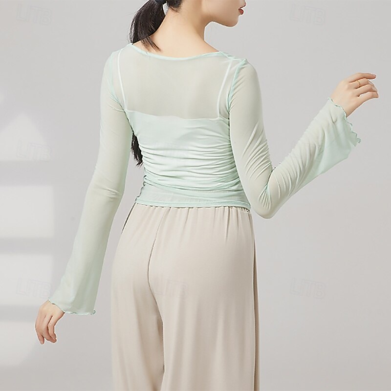 Activewear Top Pure Color Splicing Tulle Women's Performance Training Long Sleeve High Polyester2