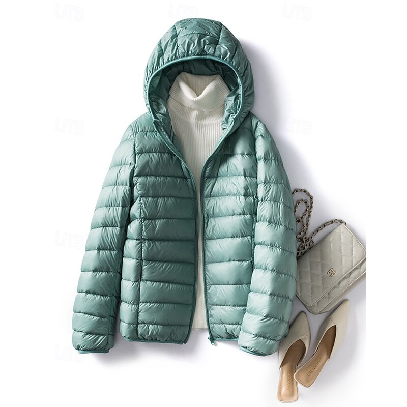 Women's Down Jacket Warm Comfortable Zipper Pocket Casual Plain Going out Weekend Zipper Regular Hooded Regular Fit Long Sleeve Outerwear Baby blue Wine Red Fall Winter2