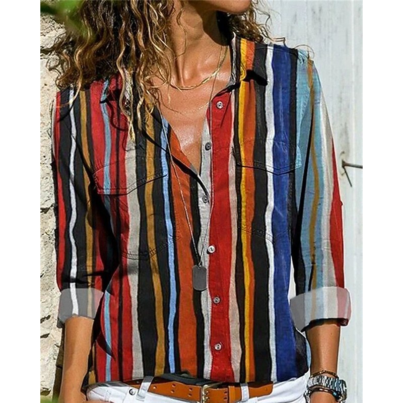 Women's Shirt Blouse Color Block Modern Casual Long Sleeve Shirt Collar Regular Tops Daily Holiday Buttons White and Blue Black Red Royal Blue Sky Blue Summer3