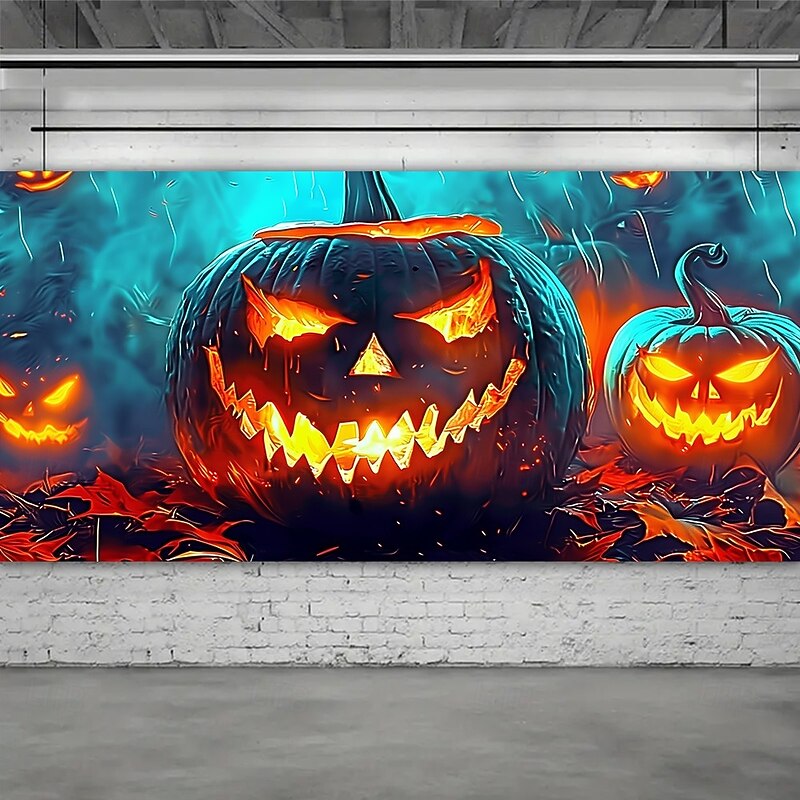 Halloween Garage Door Cover Evil Pumpkin Lantern Banner Glowing Jack O Lantern Face Backdrop Tapestry for Spooky Outdoor Wall or Fence Decoration3