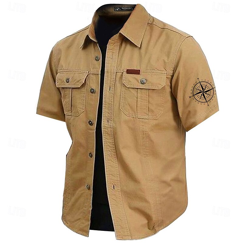 Men's Nautical Compass Work Shirt Western Shirt Cargo Shirt Short Sleeve Casual Tactical Sports Outdoor WorkWear Summer Spring Turndown Front Two Pockets Cotton Button Up Shirts Army Green Khaki Dark4
