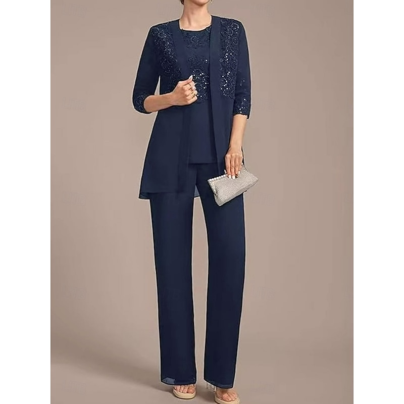 3 Piece Pantsuit Floral Sequin Lace Mother of the Bride Pantsuit Elegant Vintage Crew Neck Ankle Length Half Sleeve with Jacket