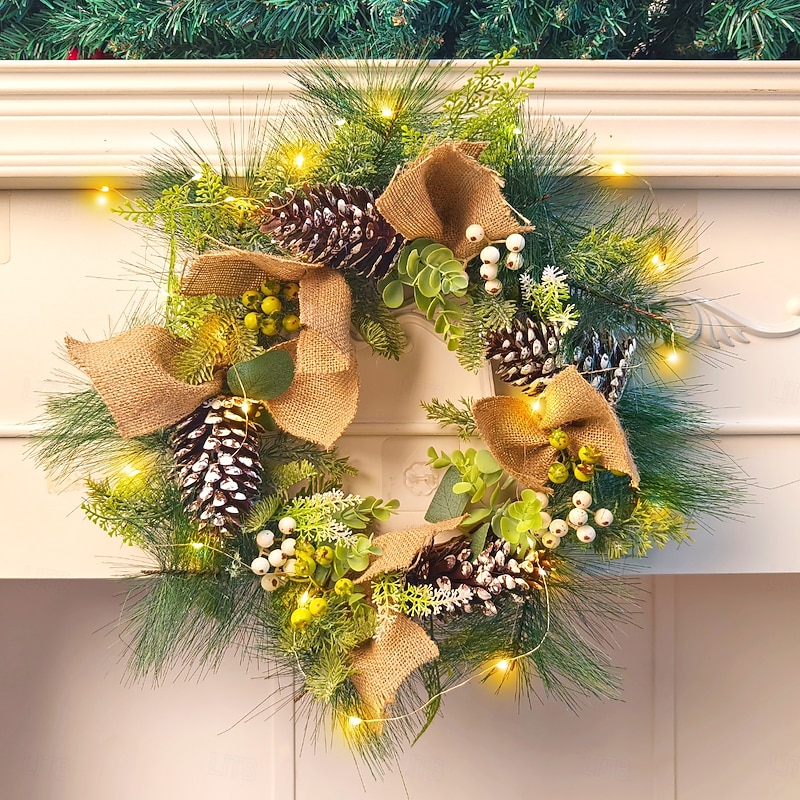 Christmas Light Up Pinecone and Twig Wreath Window Decoration Festive Holiday Party Realistic Pine Needle Rattan Door Hanging Perfect Seasonal Home Ornament4