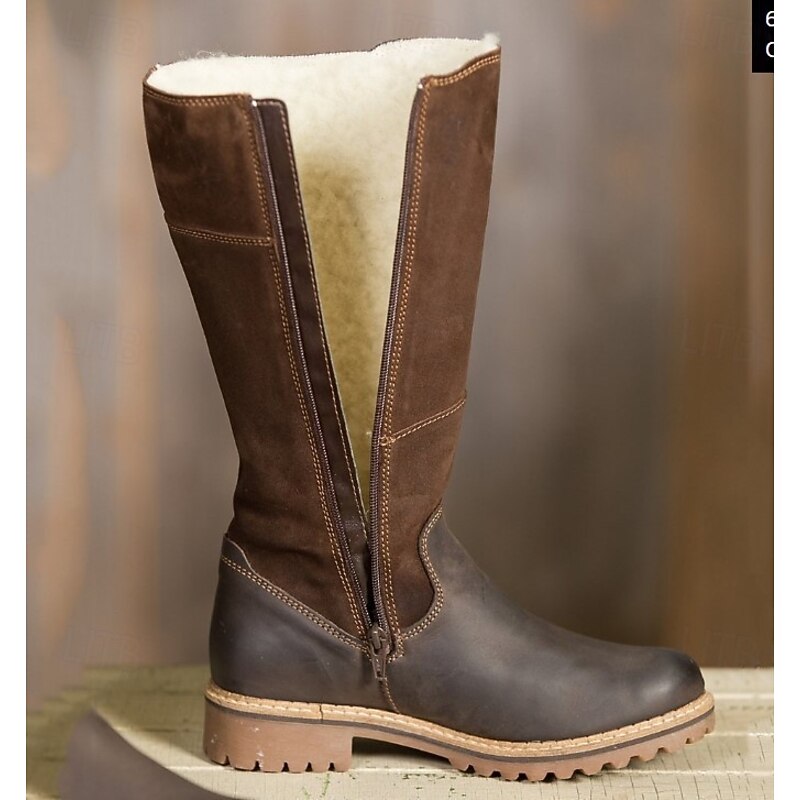 Women's Brown Leather and Suede Knee-High Boots with Fur-Lined Warmth, Adjustable Buckle, and Durable Non-Slip Sole for Outdoor Winter Wear2