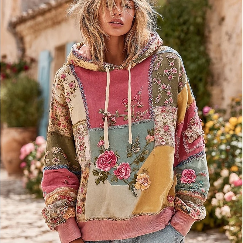 Women's 3D Print Vintage Boho Hoodie Patchwork Hoodie Sweatshirt Floral Pullover Sweatshirt Oversized Long Sleeve Casual Warm Active Hooded Street Dailywear Dark Blue Purple Green Spring Fall Winter2