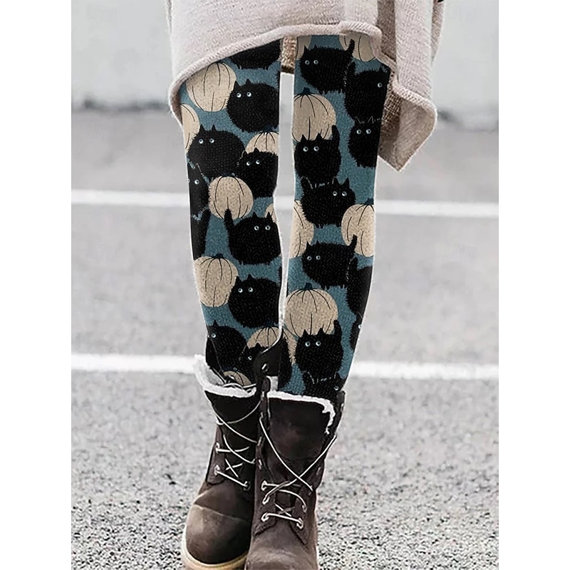Women's Leggings Vacation Vintage Ethnic Style Ankle-Length High Waist Graphic Animal Cat 3D Print Quick Dry Breathability Soft Stretchy Outdoor Home Causal Black White Blue Orange Fall Slim Fit4
