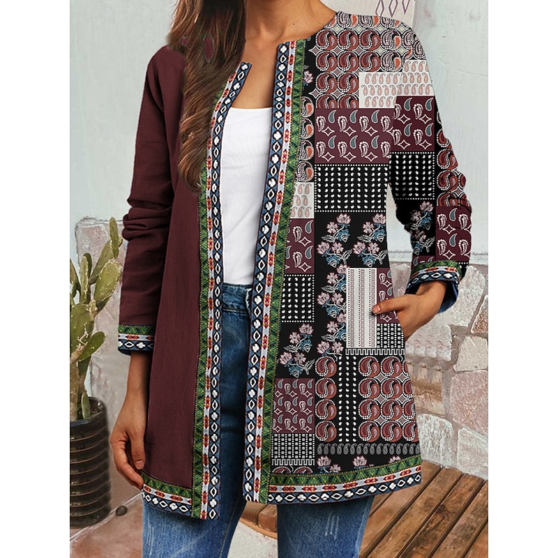 Women's Casual Jacket Windproof Warm Pocket Color Block Open Front with Pockets Vintage Modern Casual Floral Casual Daily Casual Daily Short Crewneck Regular Fit Long Sleeve Outerwear Light Green2