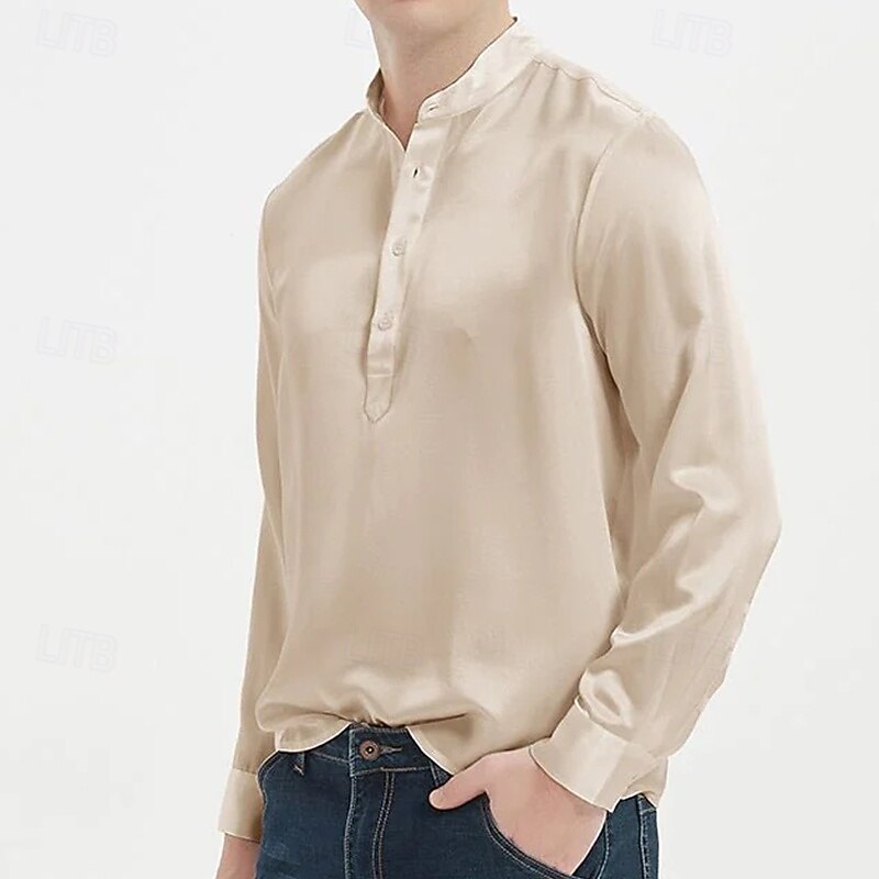 Men's Shirt Silk Like Satin Shirt Casual Shirt Pullover Plain Formal Wedding Black White Navy Blue Sky Blue Long Sleeve Henley Spring &  Fall All Seasons Clothing Apparel2