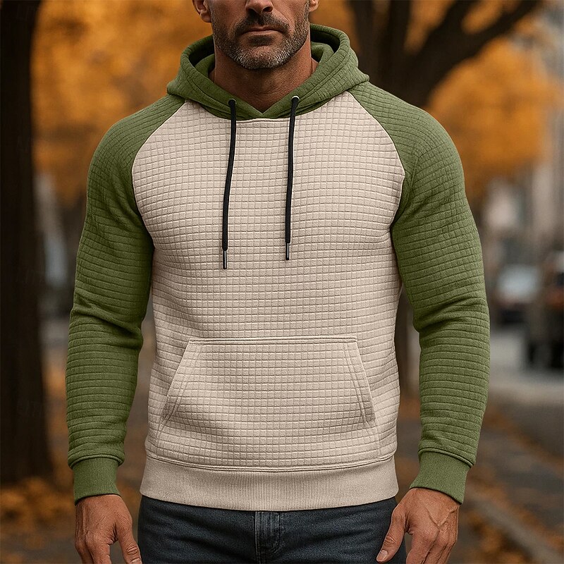 Men's Hoodie Waffle Hoodies Pullover Hoodie Sweatshirt Apricot Black White Burgundy Light Grey Hooded Standing Collar Plain Patchwork Color Block Sports & Outdoor Casual Daily Streetwear Cool2