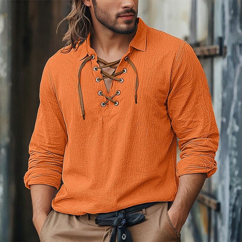 Men's Shirt Linen Shirt Viking Style Summer Shirt Beach Shirt Solid Color Vacation Casual White Blue Orange Green Long Sleeve Turndown Summer Spring Clothing Apparel Lace up4