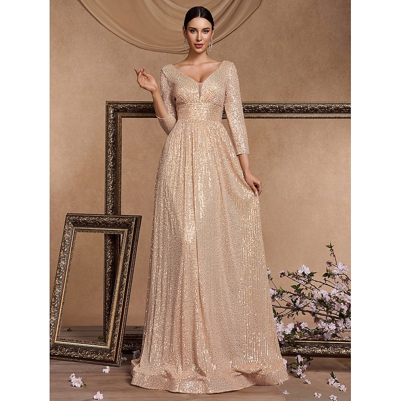 A-Line Evening Gown Party Dress Evening Party Floor Length 3/4 Length Sleeve V Neck Sequined with Sequin4