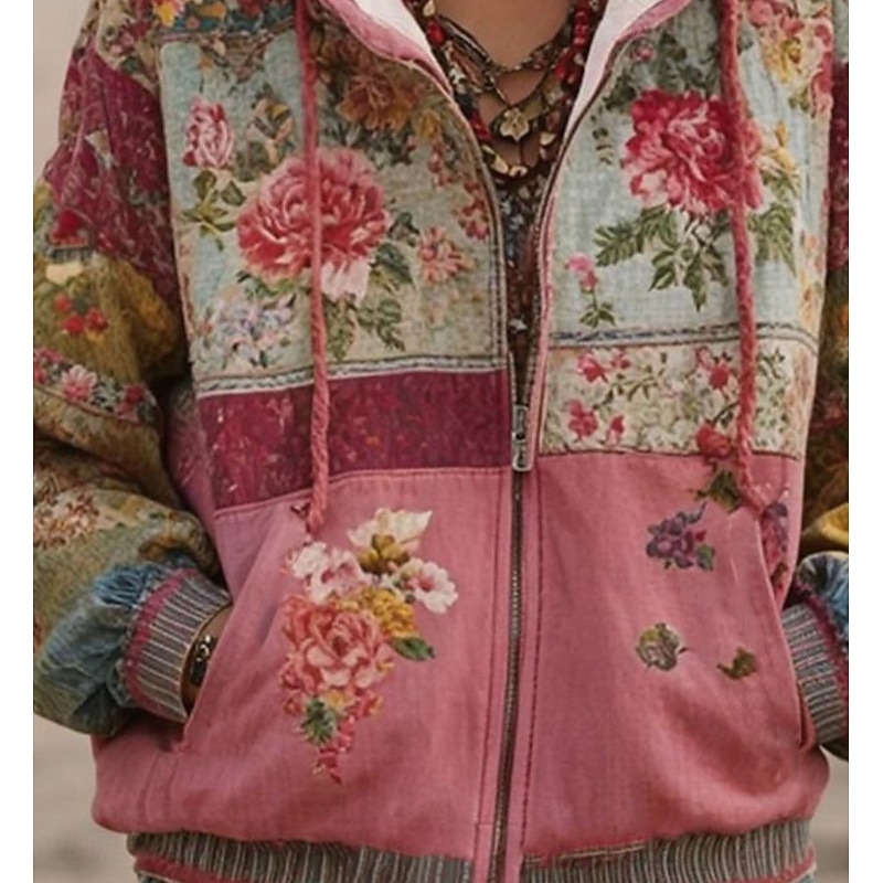 Women's 3D Print Vintage Boho Hoodie Patchwork Hoodie Sweatshirt Floral Zip Up s Floral Graphic Fashion Casual Long Sleeve Hooded  Street Dailywear Casual Patchwork Zipper Pocket Red Spring Fall2