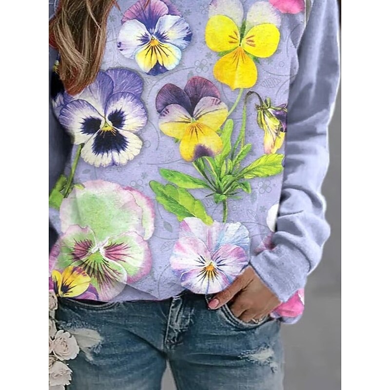 Women's Sweatshirts Floral Graphic Warm Romantic Classic Long Sleeve Crew Neck Round Neck Regular Tops Home Street Dailywear Print Purple Spring Fall Winter3