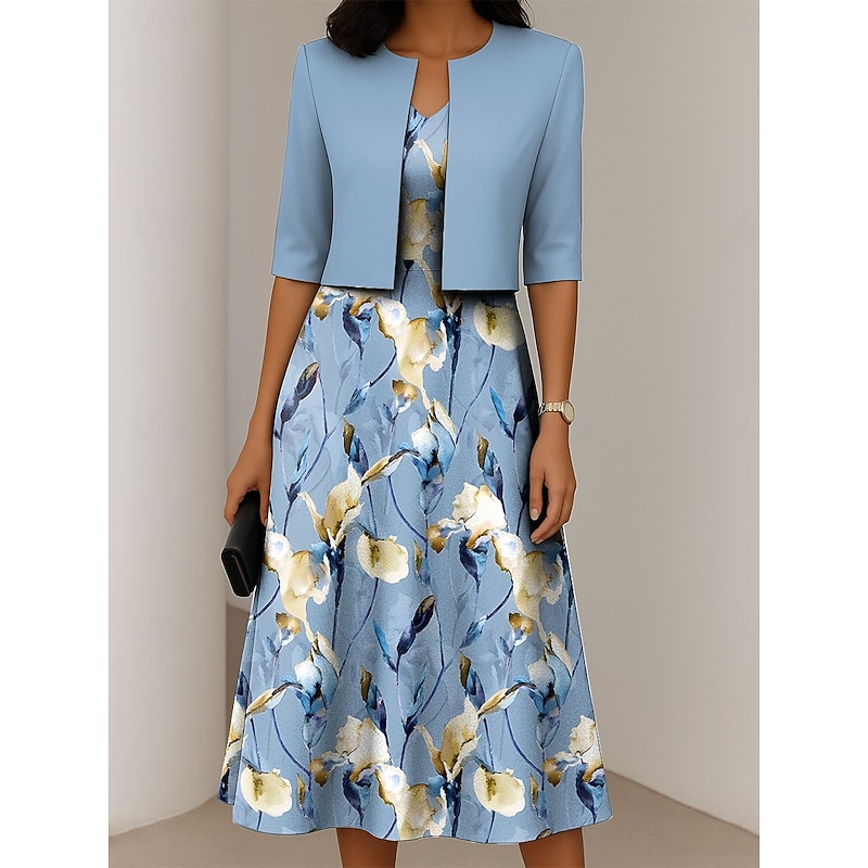 Women's Dress Set A Line Dress Elegant Casual Floral Graphic Print Midi Dress Half Sleeve Crew Neck Formal Vacation Blue Purple Dark Blue Summer Spring Regular Fit3