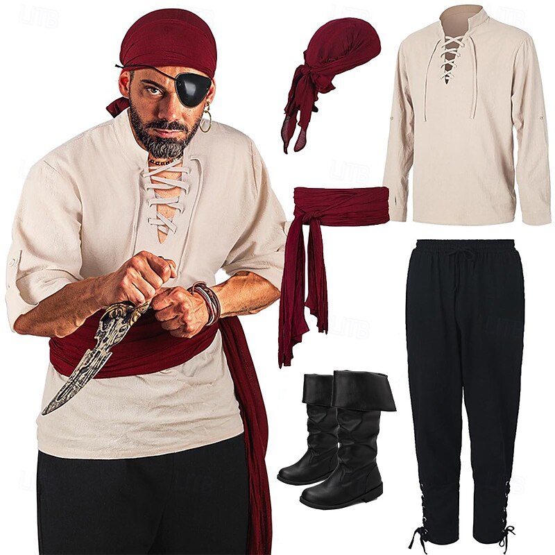 Retro Vintage Medieval Renaissance Pants Boots Waist Belt Pirate Viking Ranger Fancy Dress Men's Pirate Halloween Carnival Party Adults' Shirt Pants Shoes All Seasons