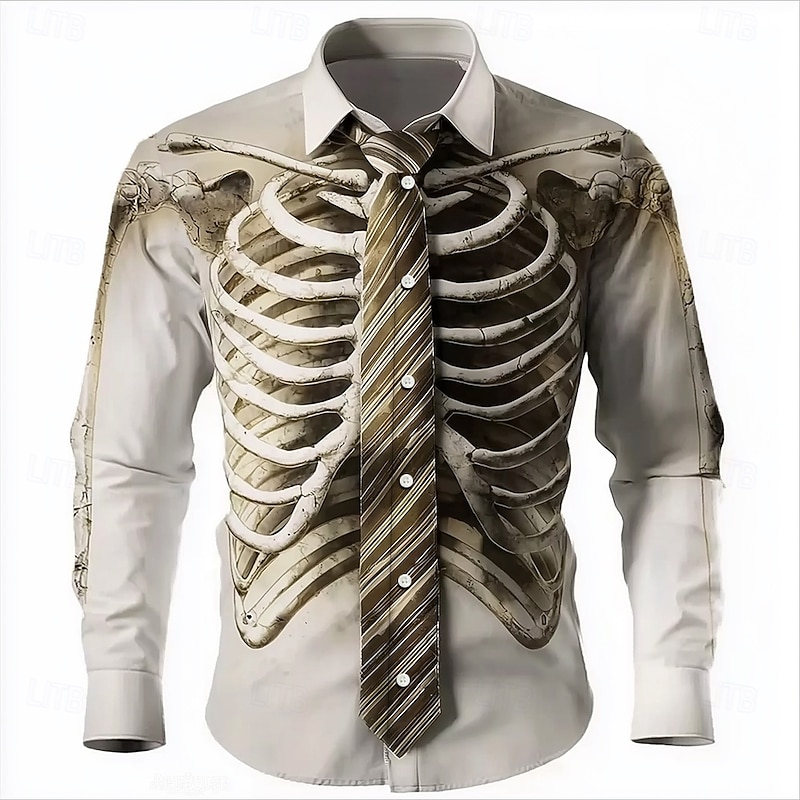 Halloween Men's Optical Illusion Skeleton Shirt Button Up Shirt Long Sleeve Dark Punk Gothic Style Outdoor Holiday Summer Spring Turndown 3D Print Collared Shirts White