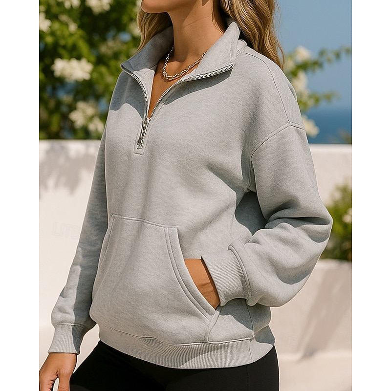 Women's Pullover Sweatshirt Casual Tops Quarter Zipper Long Sleeve Top Athleisure Solid Colored Outdoor Travel Sports Sportswear Activewear Black Dark Gray Fuchsia3