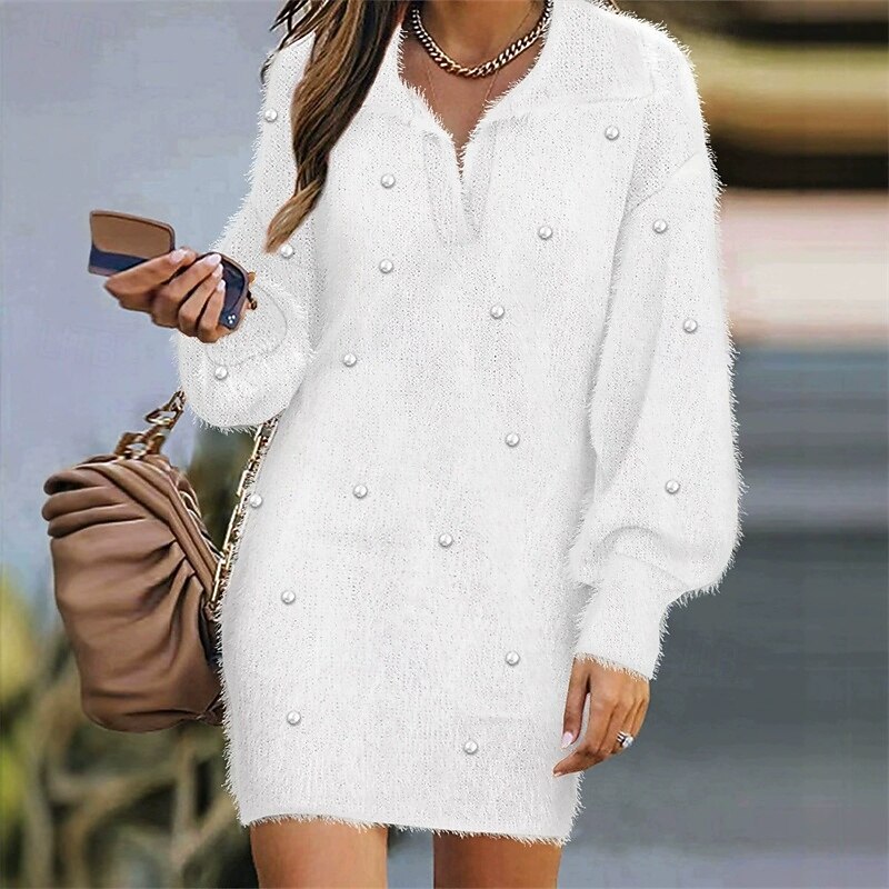 Women's Mini Dress Knit Dress Fashion Classic Modern Outdoor Vacation Holiday Regular Fit Plain Long Sleeve Shirt Collar White Pink Summer