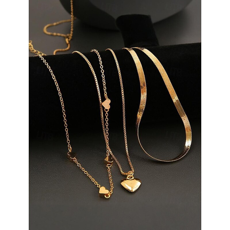 Women's 3-Layer Heart Necklace Set – Gold-Tone Alloy Herringbone Choker & Pendant Chains,, Minimalist Romantic Style for Parties, Date Night, Weddings & Everyday Gifts
