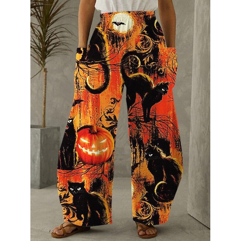 Women's Wide Leg Chinos Vintage Casual Full Length Mid WaistPantsHalloween Cat Pumpkin Halloween Elastic Waistband Comfy Inelastic Vacation Street Causal Violet Brown / Gold Black Orange Spring Fall4