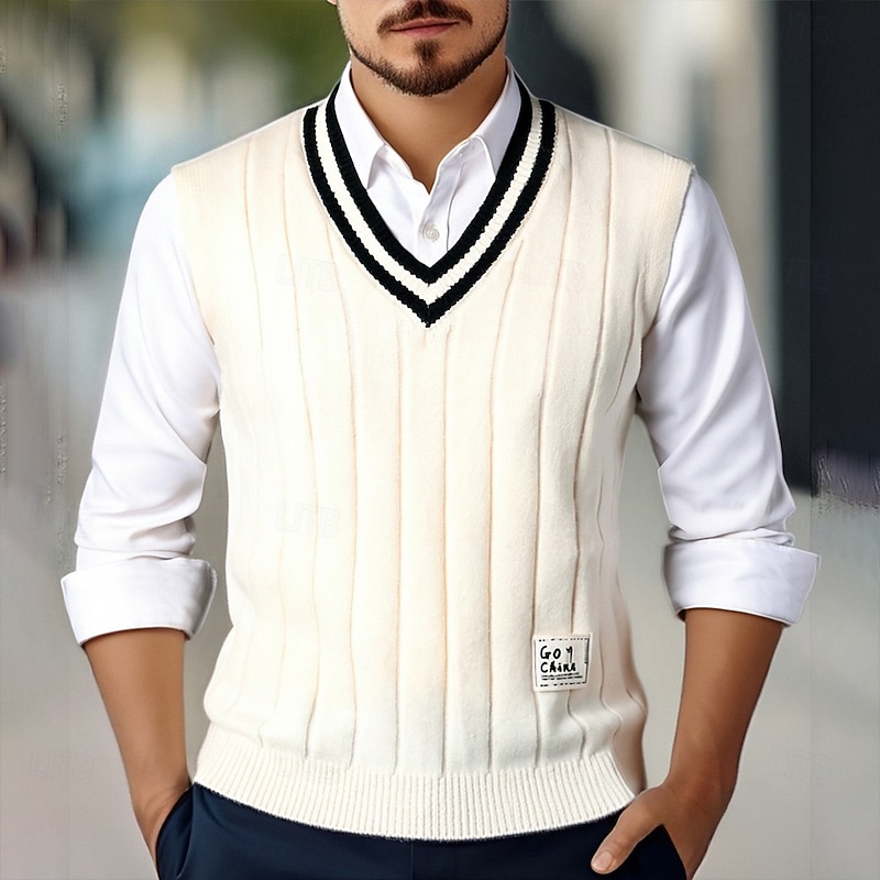 Men's Sweater Vest Dress Sweater Pullover Sweater Jumper Vest Knit Sweater Ribbed Cable Knit Regular Tops Knitted Plain V Neck Fashion Casual Vacation Daily Wear Clothing Apparel Fall Winter Black