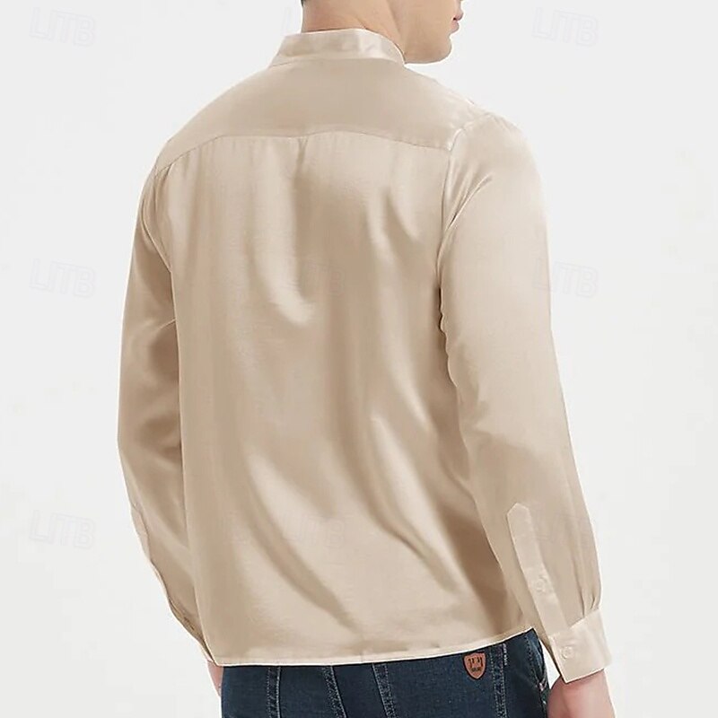 Men's Shirt Silk Like Satin Shirt Casual Shirt Pullover Plain Formal Wedding Black White Navy Blue Sky Blue Long Sleeve Henley Spring &  Fall All Seasons Clothing Apparel3